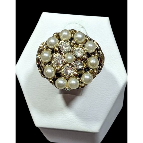 Vintage Glam Gold Tone Rhinestone Seed Pearl Adjustable Ring Size 6 - Picture 1 of 9
